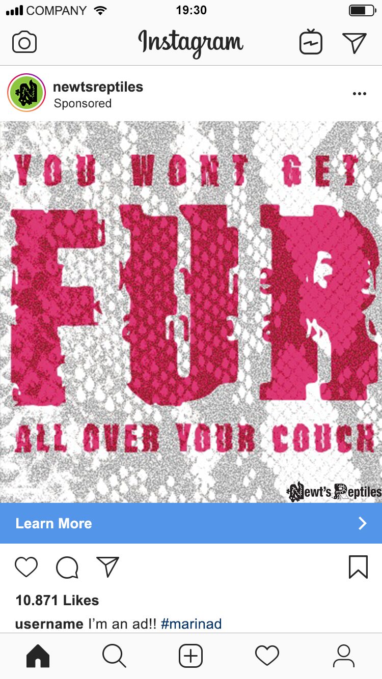 Instagram ad reading You won't get fur all over your couch, with letterforms filled with snake scale texture