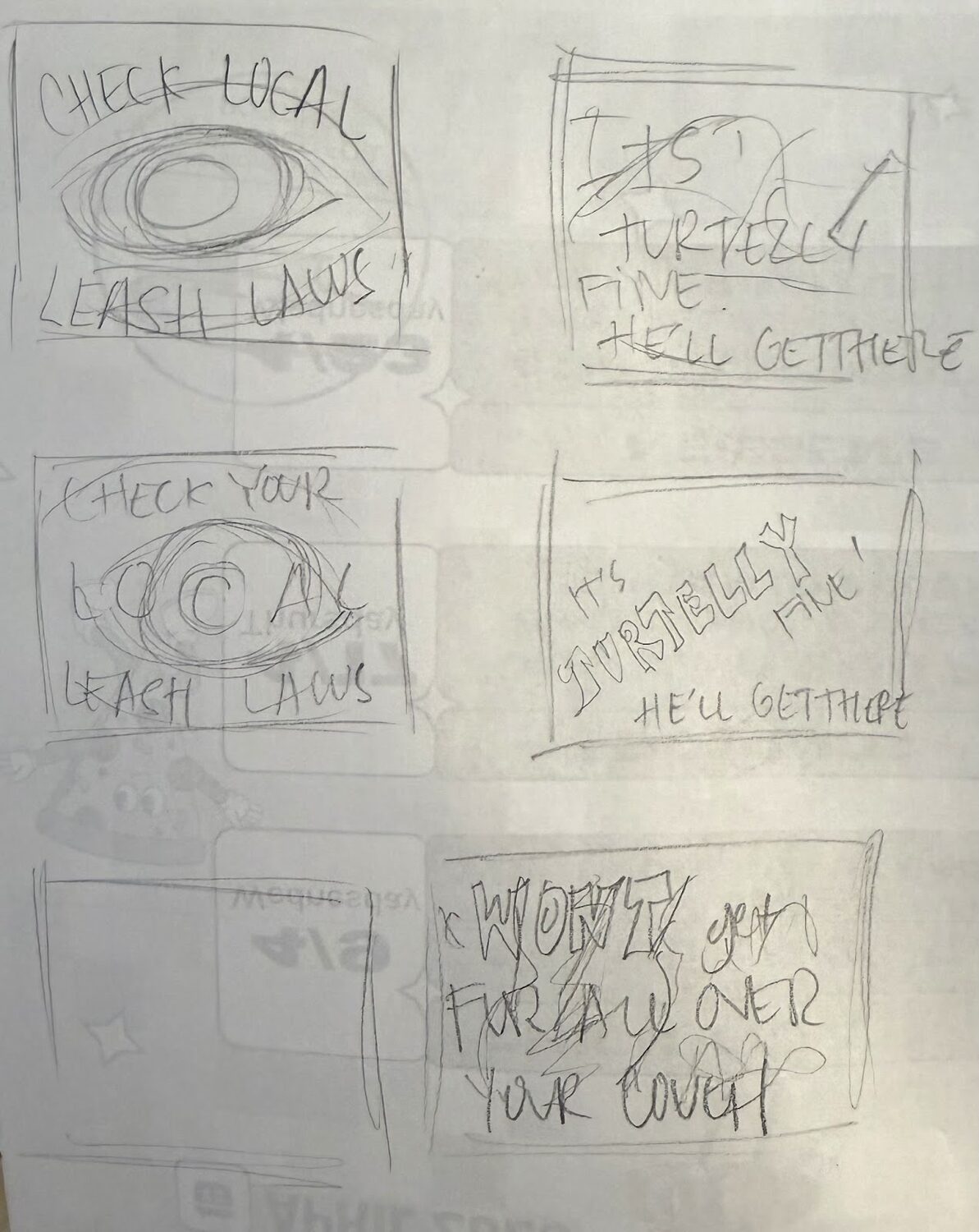 Pencil thumbnails roughing out four social ad layouts with headline placement