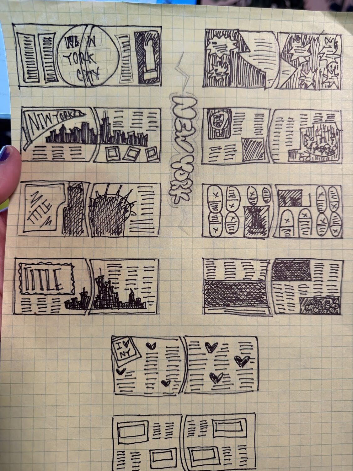 Graph paper page covered in small hand drawn newsletter layout thumbnails