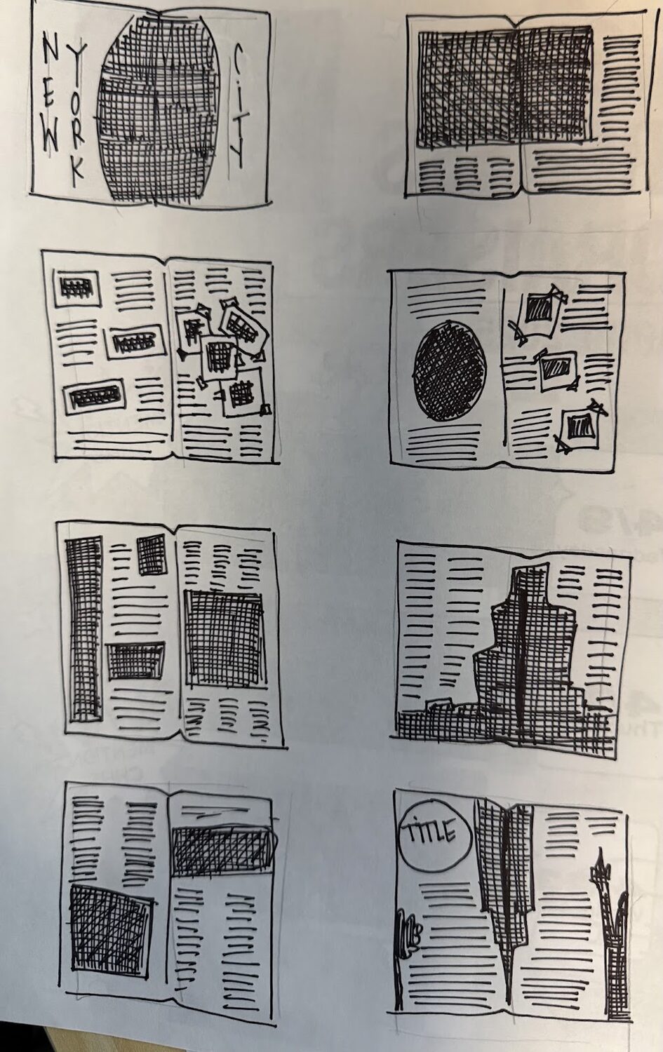 Second page of hand drawn newsletter thumbnails exploring column and image placement