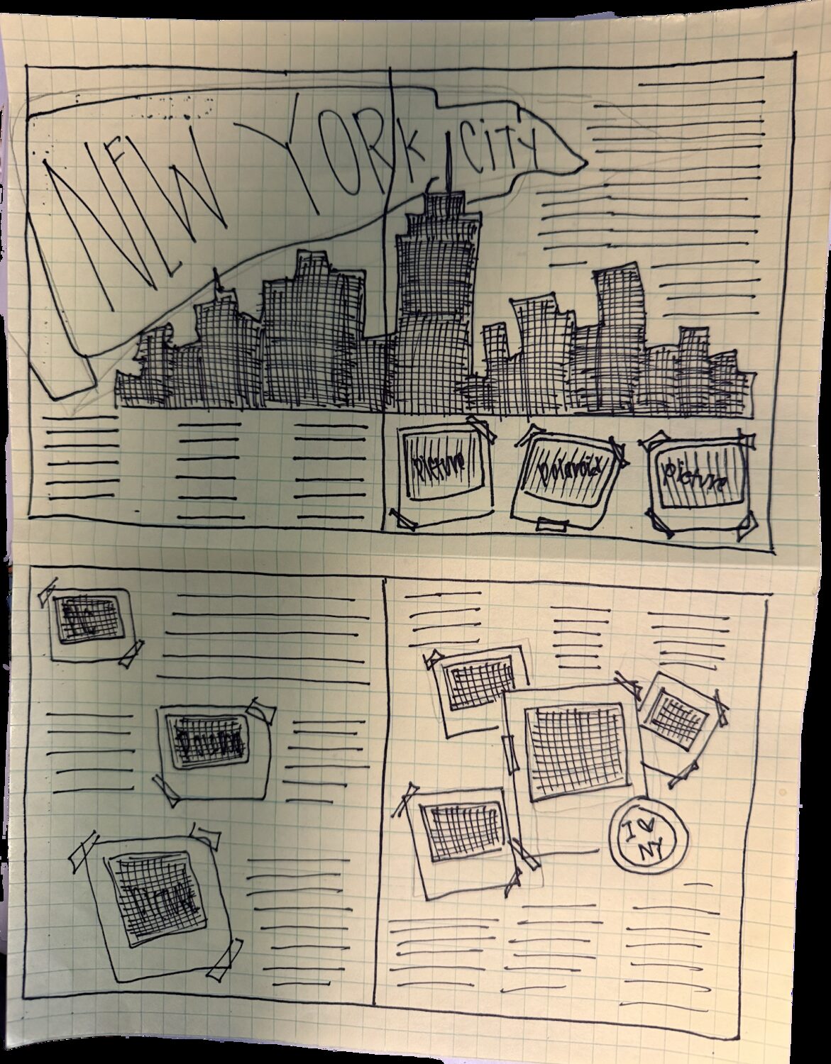 Refined hand drawn newsletter comp with a New York City skyline masthead and a multi column grid