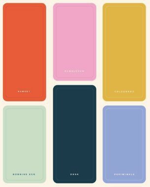 Five swatch color palette in orange, pink, gold, dark teal and periwinkle with a pale green