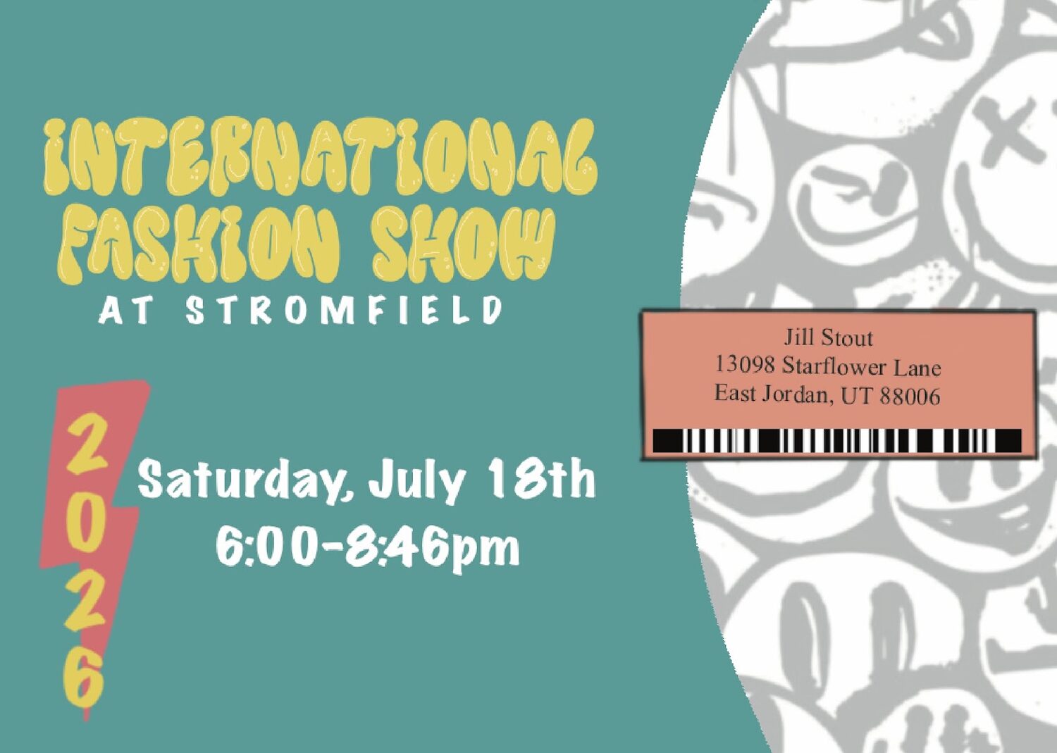 Finished postcard back with the event title, date and time set over a teal panel next to the mailing area