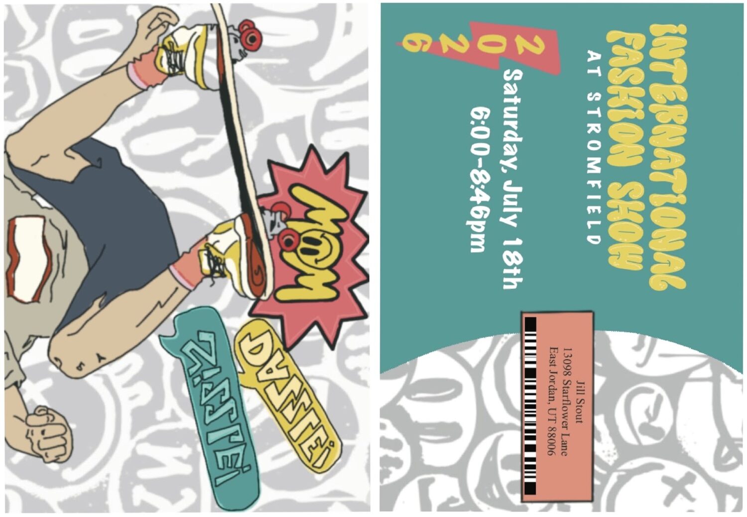 Finished postcard front with the skateboarder illustration beside a teal panel reading International Fashion Show at Stromfield