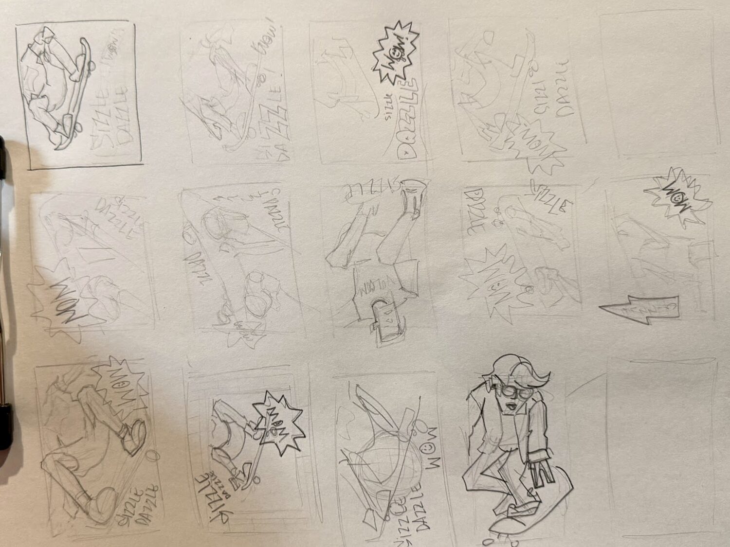 Grid of small pencil thumbnails working out postcard layouts