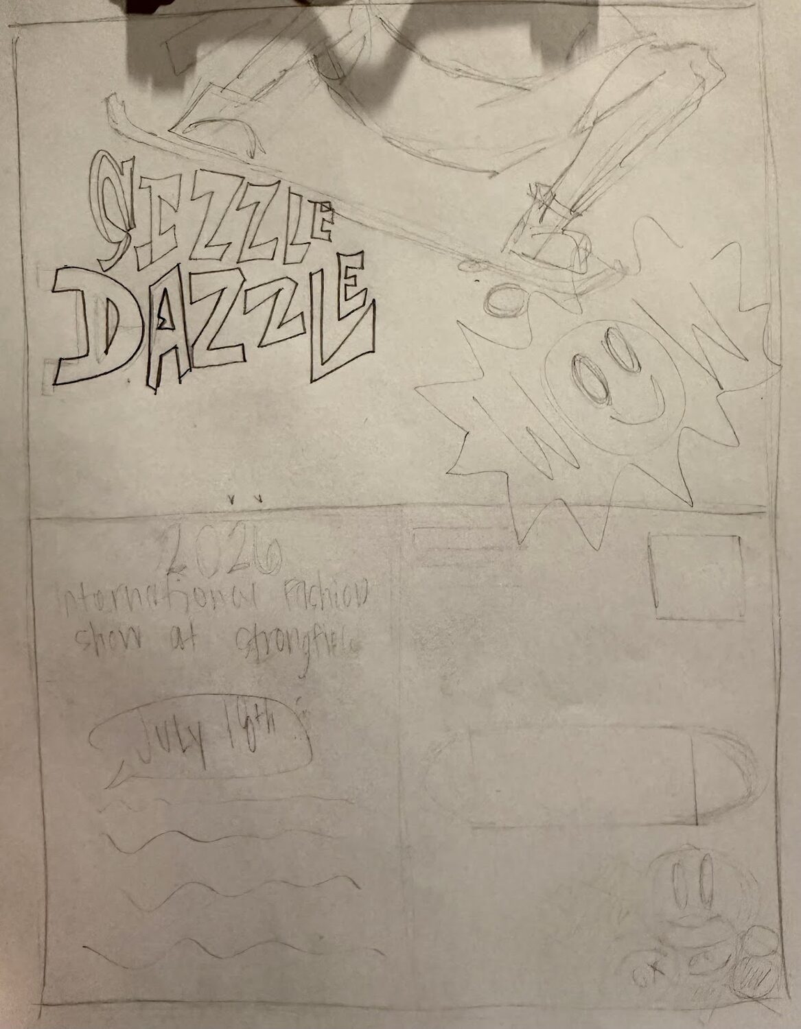 Pencil comp showing the Sizzle and Dazzle lettering placed with the skater