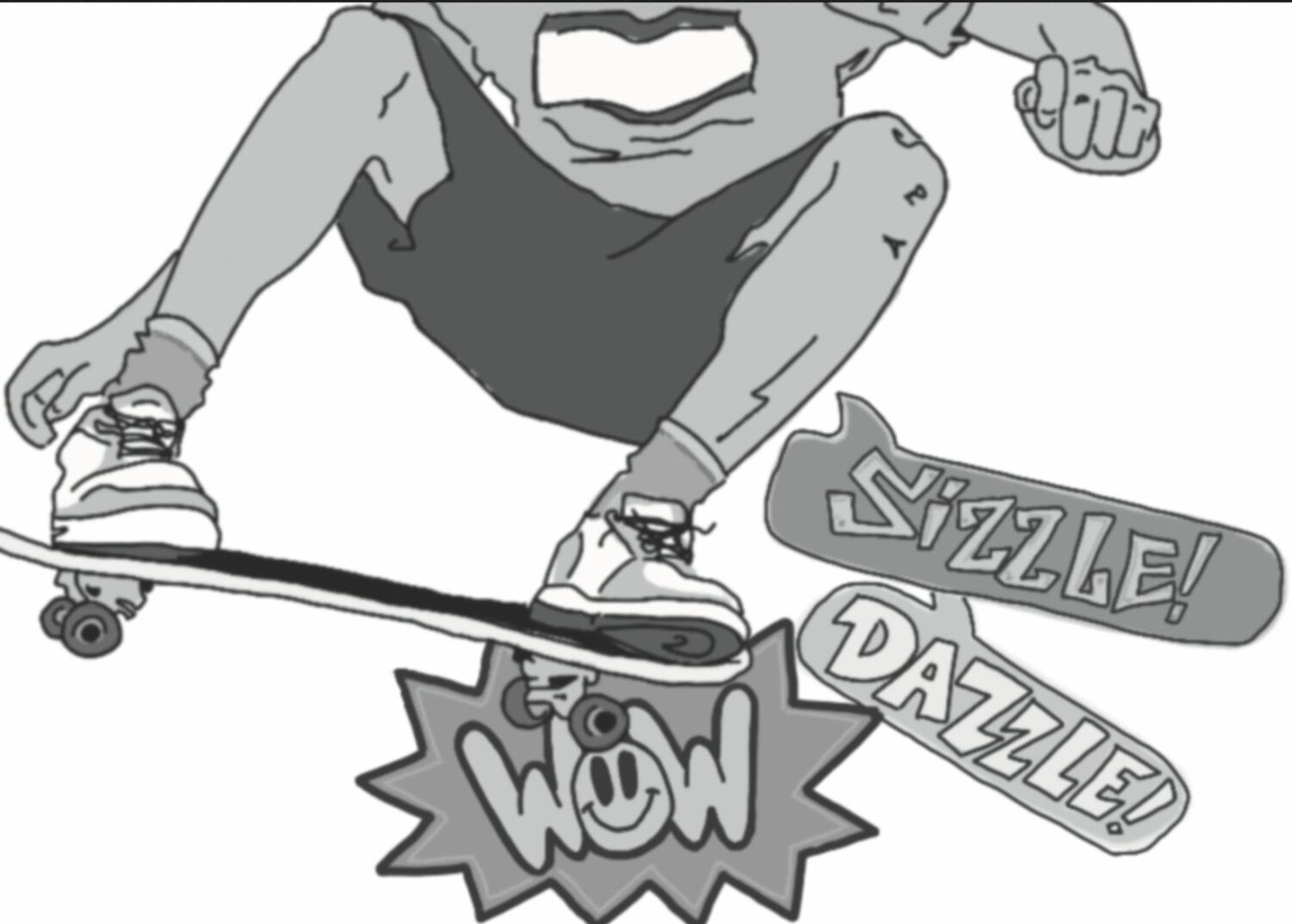 Grayscale value study of the skateboarder illustration with Wow, Sizzle and Dazzle callouts