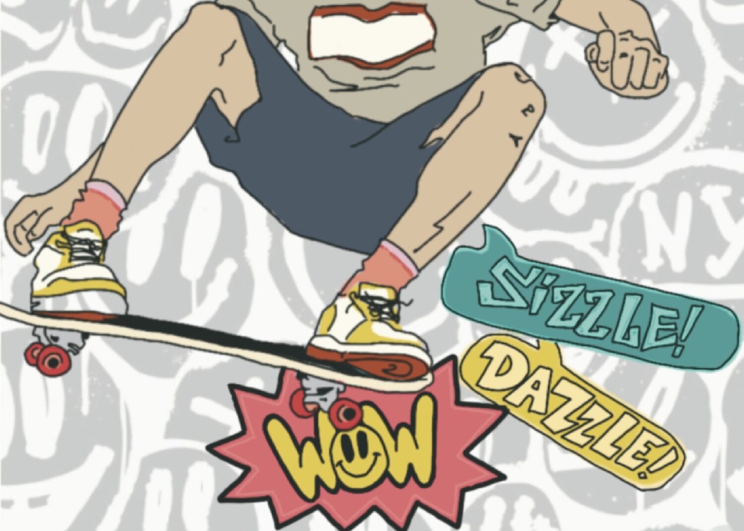 Full color version of the skateboarder illustration on a patterned background